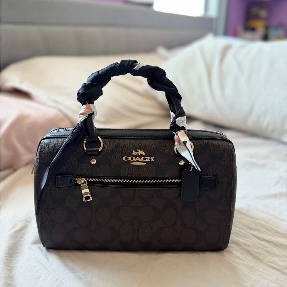 Rowan Satchel Coach Brown Handbag with Black Accents